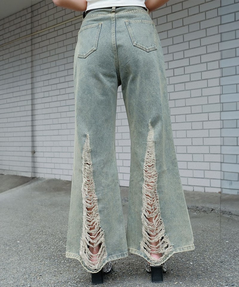 HGD9905-241 大刷破仿舊丹寧喇叭褲 bleached old distressed jeans