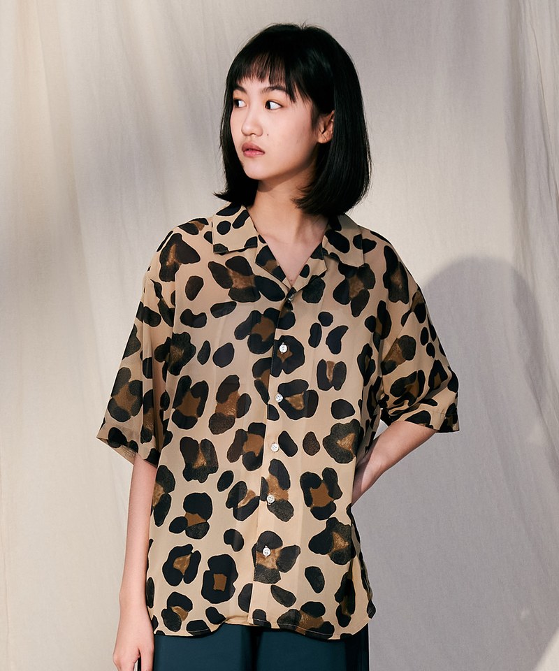 COP33165 豹紋薄透短袖襯衫