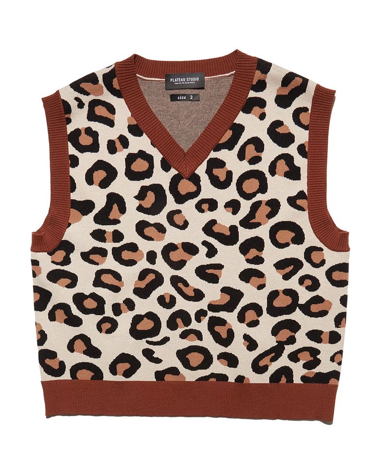 PLT99117 豹紋撞色針織背心 leopard cropped vest