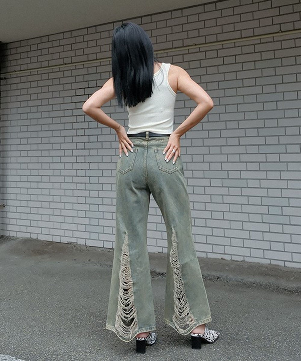 大刷破仿舊丹寧喇叭褲 bleached old distressed jeans