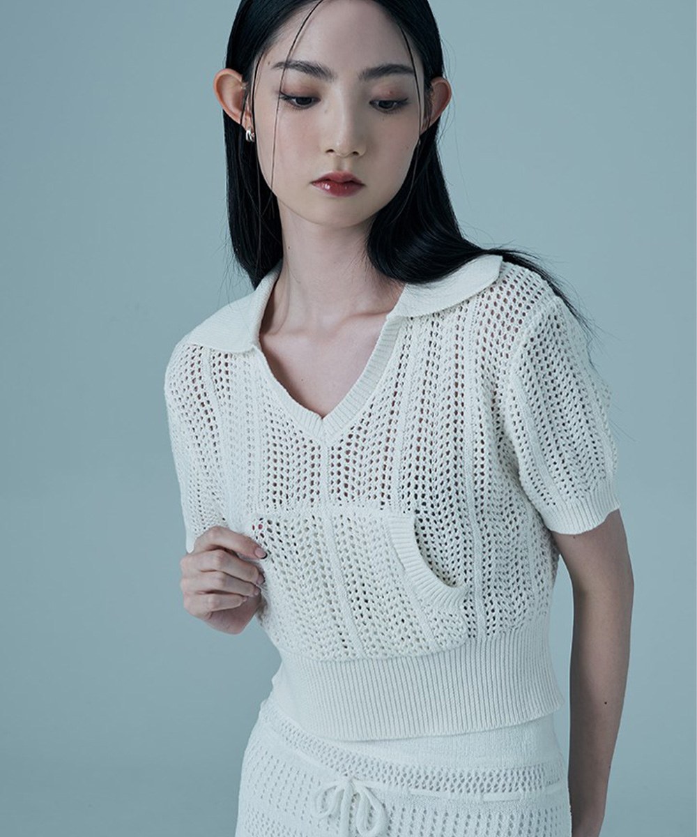 前口袋針織短版polo衫 crochet patch pocket polo shirt