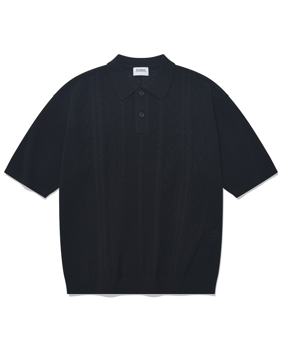  麻花織紋短袖POLO衫 COOL CABLE KNIT POLO T-SHIRTS - BLACK-XL