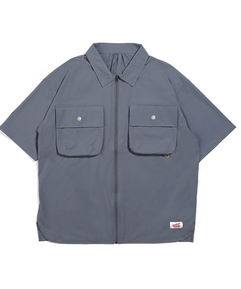  泡泡紗短袖襯衫 Seersucker Worker Shirt - Ocean Blue-XL