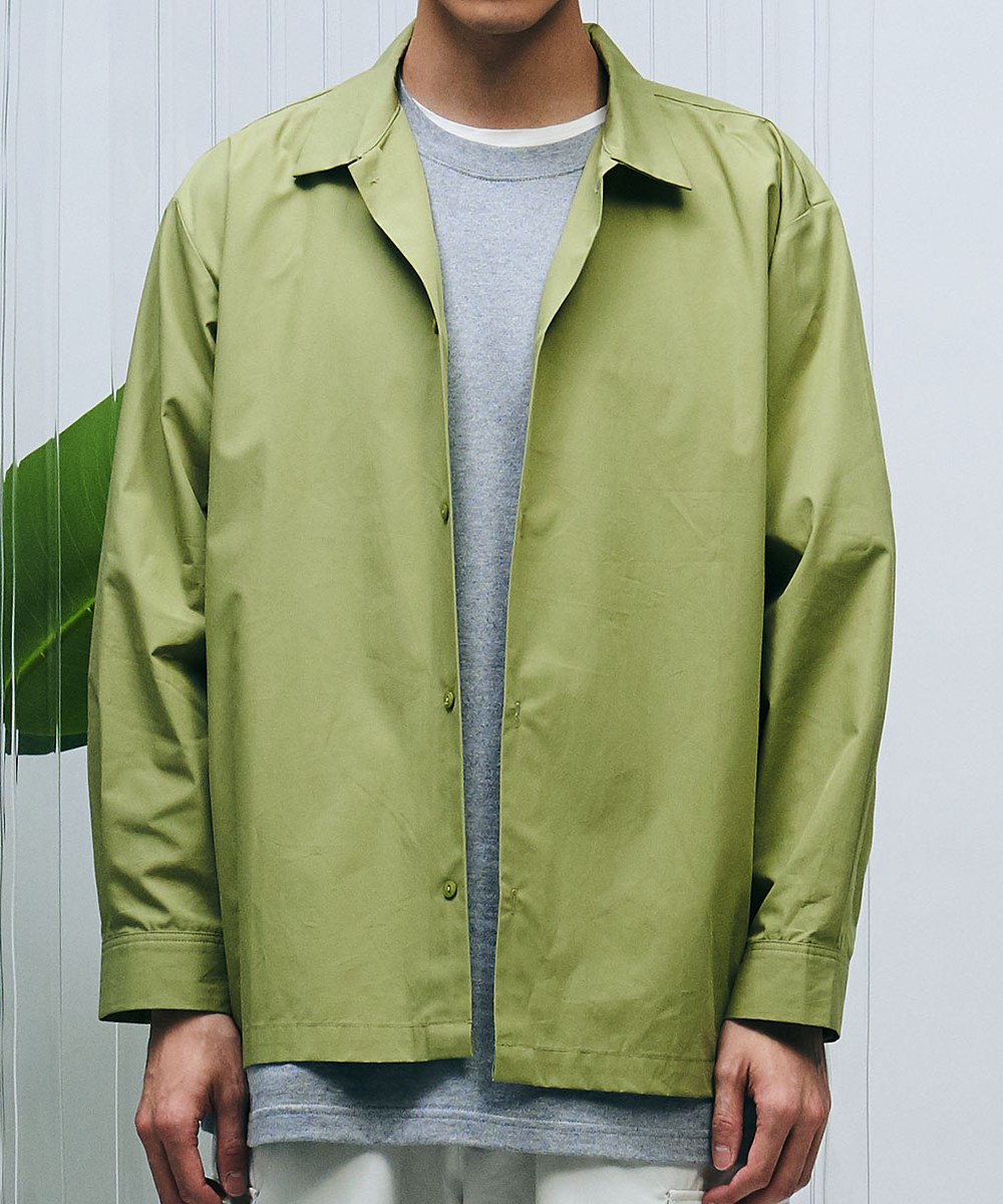  棉質寬版長袖襯衫 - 煙灰綠-L