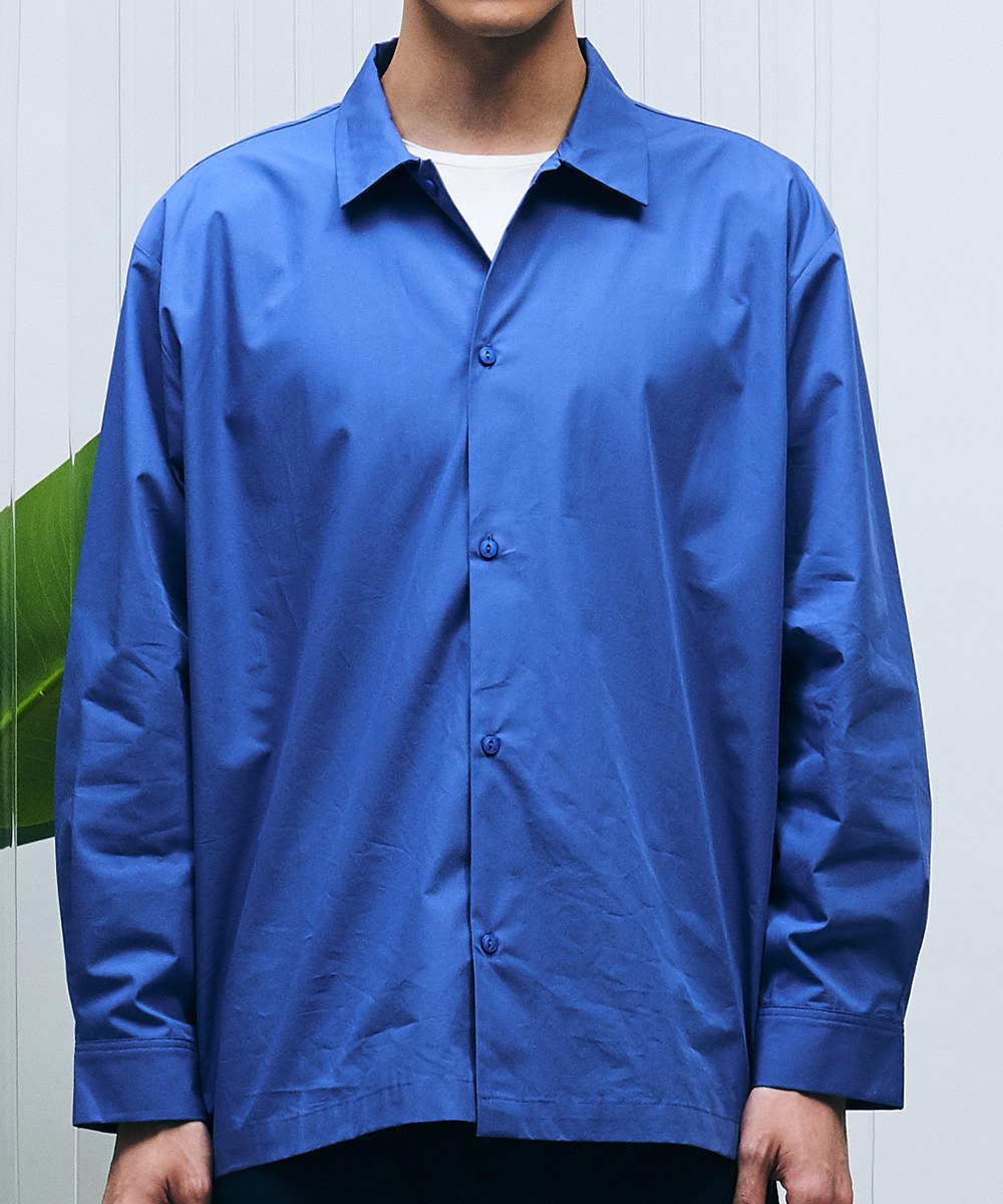  棉質寬版長袖襯衫 - 鈷藍-L