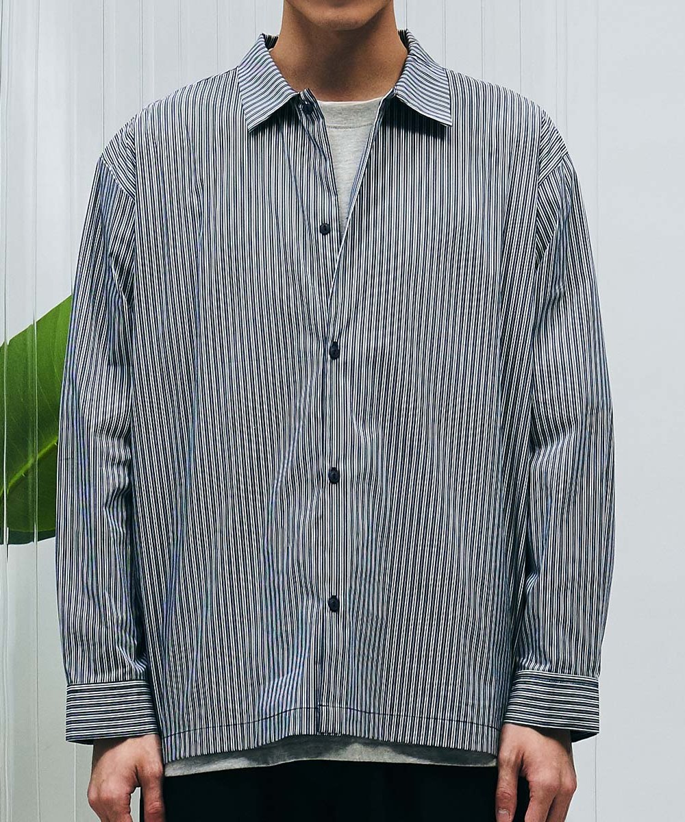  條紋棉質寬版長袖襯衫 - 深藍底白條-L