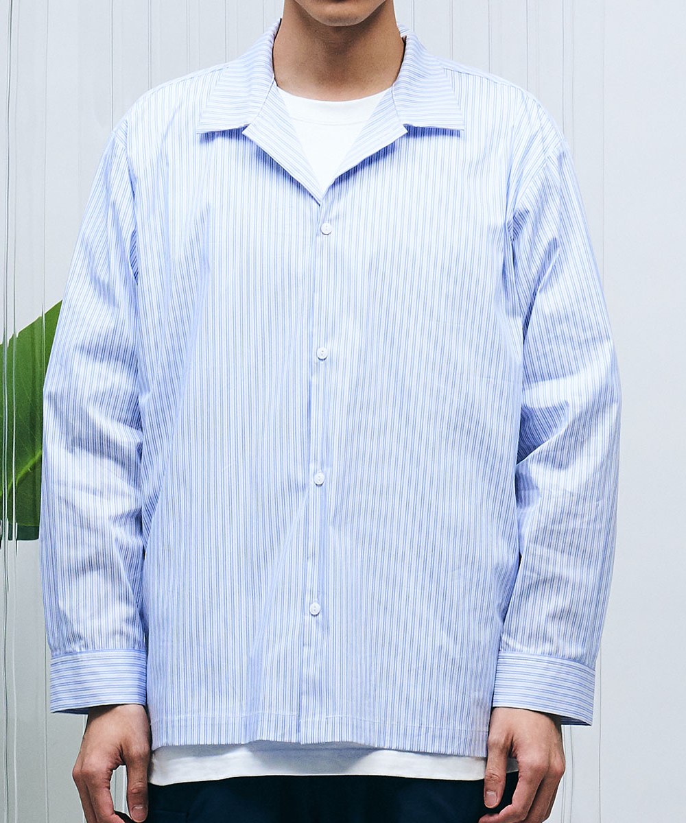  條紋棉質寬版長袖襯衫 - 白底藍條-L