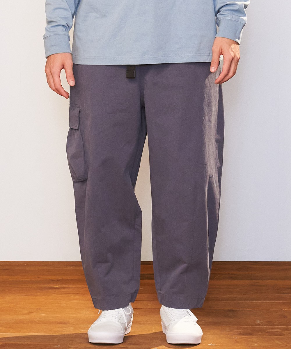  【網路限定】水洗棉質腰帶繭型寬褲 - 石板藍-L