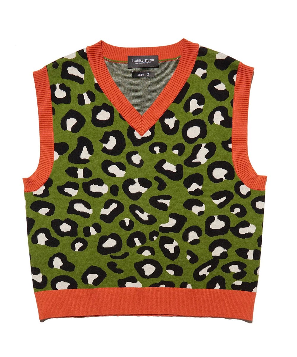  豹紋撞色針織背心 leopard cropped vest - orange*green-2