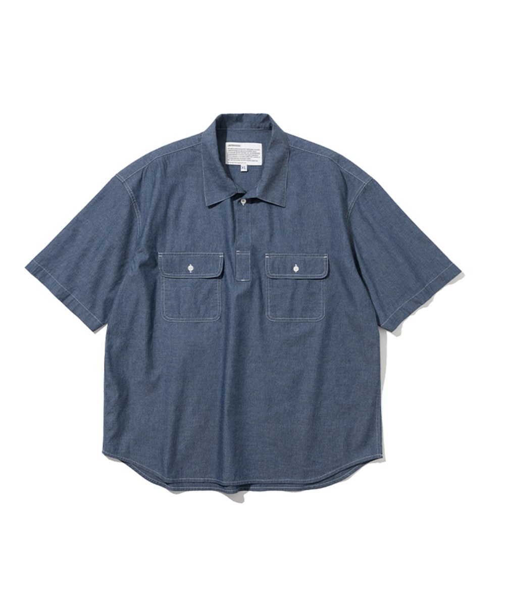  平紋短袖襯衫 chambray short shirts - blue-XL